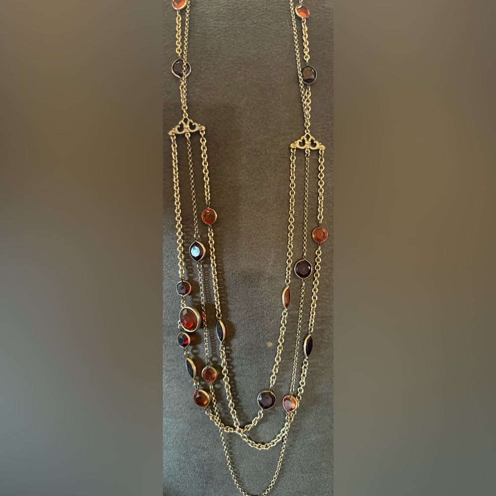 Gold-Tone Multi-Strand Necklace with Garnet-Like Stones